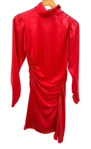A.L.C. Joss Ruched Satin Mini Dress Red Hibiscus 2 Mock Neck Asymmetric‎ Flawed thumbnail 1