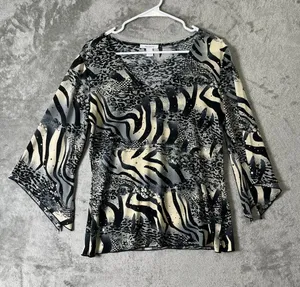 Vintage Y2K Animal Print Sequin Top Zebra Leopard Bell Sleeve Black Cream Large thumbnail 1