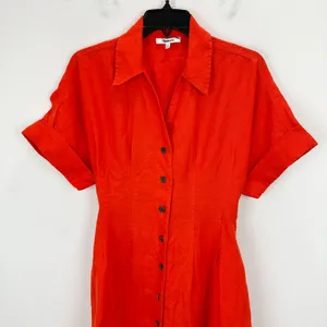 NEW Madewell The Perry Mini Shirtdress 100% Linen Bright Flame Red Minimalist XS thumbnail 7