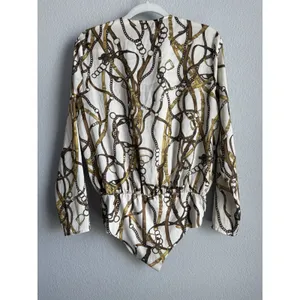 Zara Equestrian Chain Link Print Wrap Bodysuit Blouse Top Gold Brown Ivory Sz M thumbnail 10