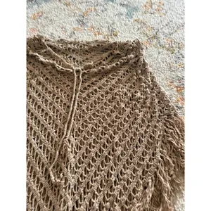 Hazel Tan Crochet Fringed Poncho Open Knit Boho Festival Wrap One Size thumbnail 2