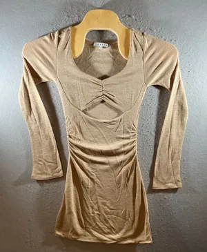 1320 | NWT Chaser Bay Cutout Ruched Bodycon Mini Dress Tan Womens‎ S thumbnail 1