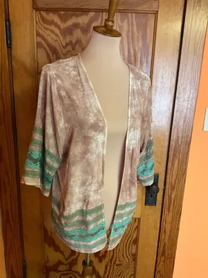 WYLD HEART Boho Tie Dye Kimono Cardigan Taupe Teal Lace Trim Open Front Size L thumbnail 5