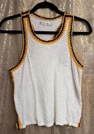 Free People Black Yellow Ivory Bora Bora Racerback Crochet Linen Blend Trim Tank thumbnail 1