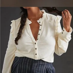 Anthropologie Pilcro Cream Ruffle-Shoulder Henley Long-Sleeve Top thumbnail 4