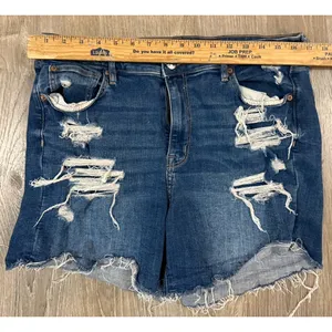 American Eagle High V-Rise Shortie Distressed Denim Shorts Size 16 Blue Stretch thumbnail 6
