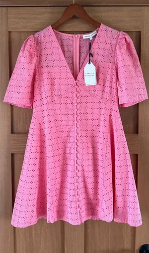 NWT English Factory Broderie Lace Puff Sleeve Mini Dress in Pink Women’s Medium thumbnail 1
