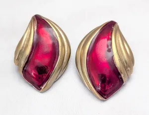 Vintage Clip On Earrings 1.5" Extra Large Red & Gold Tone - Fair Condition thumbnail 1