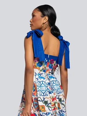 Dalia Macphee Floral Mosaic Tile Print Sleeveless Shoulder Tie Dress Pleat Skirt thumbnail 2