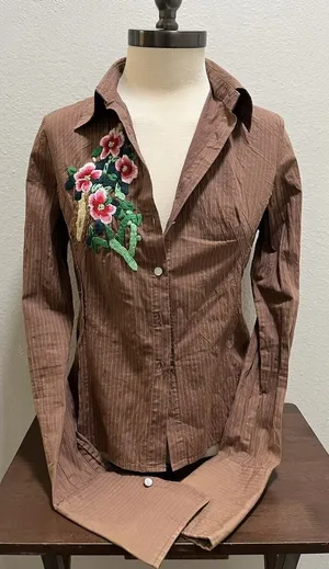 VTG Miss Me Brown Striped Button Up Blouse Sz M Embroidered thumbnail 1