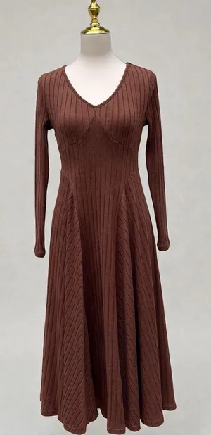 Halara Dress Sz Sm Ribbed‎ Knit Flare Long Sleeve Flowy Casual Brown Minimalist thumbnail 1