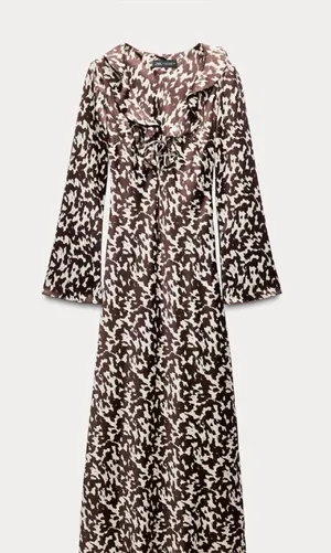 Zara Ruffled V-Neck Maxi Dress in Brown and white thumbnail 1