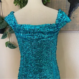 NWOT Lulus Glittering Nights Aqua Blue Sequin Off-the-Shoulder Mini Dress thumbnail 6
