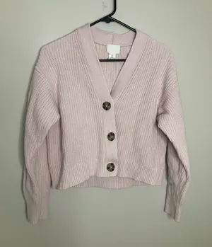 H&M Cropped Ribbed Button Cardigan in Pale Pink thumbnail 1