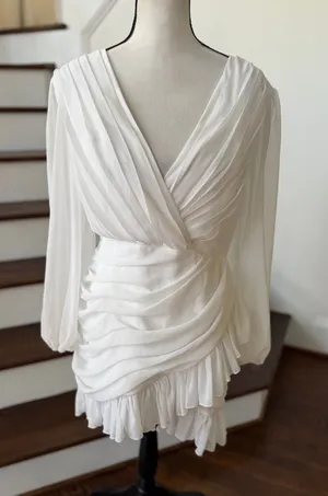 Showpo White Mini Long Blouson Sleeve Plunge V-Neck Ruched Dress thumbnail 1