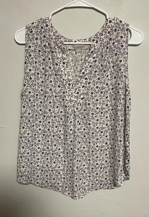 LOFT Sleeveless Floral Blouse - White and Blue thumbnail 1