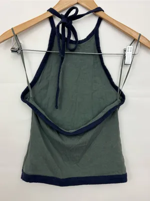 American Eagle high neck halter crop top olive green navy blue tie XS thumbnail 2