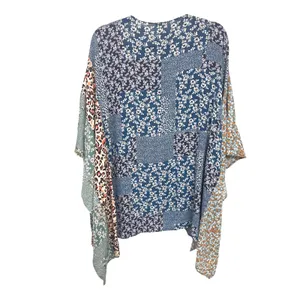 Umgee Women Blue Patchwork Print Floral Leopard Open Front Kimono Wrap Boho S/M thumbnail 2