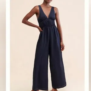 Anthropologie Sancia Oda Satin Jumpsuit in Midnight Navy Blue Size Small thumbnail 3