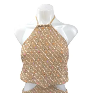 NEW Molly Green Brown Sleeveless Knitted Halter Tie Cutout Mini Pencil Dress L thumbnail 2