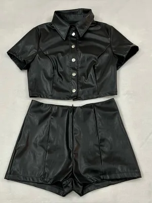 Black Faux Leather Snap Button Short Sleeve Crop Top & Matching Shorts Womens XS thumbnail 1
