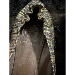 Tory Burch Reptile Embossed Reva Ballet Flats Metallic Gold Black 6 thumbnail 3