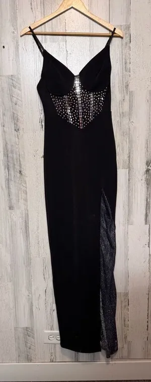 Black Rhinestone Mesh Evening Gown – Slit Maxi Dress, Size M thumbnail 1