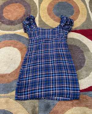 Altar’d State Britton Navy Blue Puff Sleeve Plaid Fall Mini Dress Preppy Small thumbnail 1