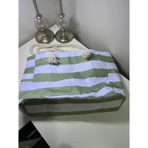 Sage Green and White Striped Canvas‎ Beach Tote Bag with Rope Handles Zip Top thumbnail 2