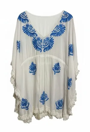 Melissa Odabash Irene Embroidered‎ Rayon Kaftan White Blue Fringe OS thumbnail 1
