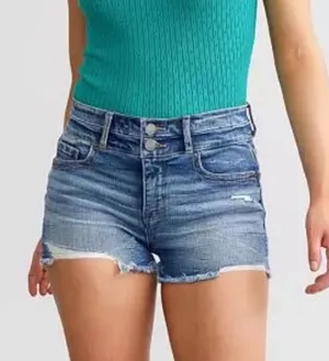 Buckle BKE Gabby High Rise Distressed Double Button Stretch Blue Jean Shorts 26 thumbnail 1