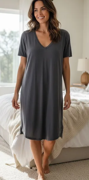 Z Supply Short Sleeve V-Neck Nightdress in Charcoal Gray thumbnail 1