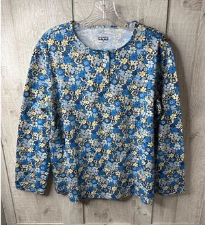 American Sweetheart Floral Print Long Sleeve Top Blue Yellow Womens Sz Medium thumbnail 1