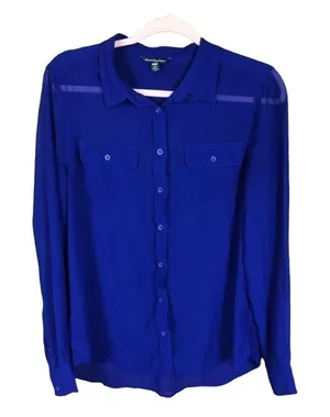 American Eagle Outfitters Royal Blue Chiffon‎ Button Down Shirt Womens Medium thumbnail 1