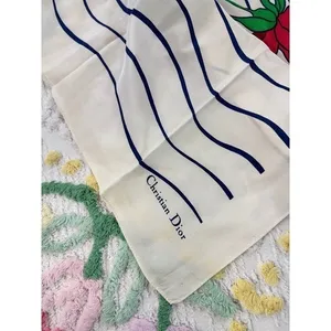 Christian Dior Vintage Silk Scarf Red Rose Navy Wavy Stripe Cream Made in France thumbnail 10