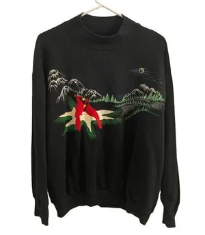 Vintage Navy Blue Mockneck Sweatshirt with Embroidered Cardinals - Size L thumbnail 1