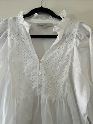 Loft White Eyelet Cotton Peasant Top Medium Cottagecore Romantic Prairie Coastal thumbnail 3