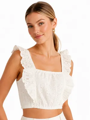 Avec Les Filles White Eyelet Ruffle Crop Top Square Neck Size Small thumbnail 2