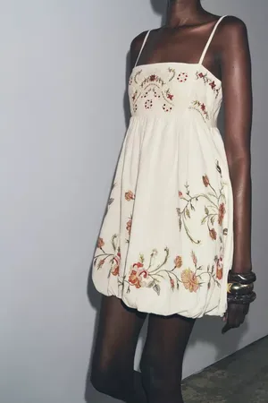 Zara Cream Floral Embroidered Spaghetti-Strap Mini Bohemian Dress thumbnail 9