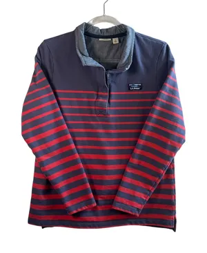 LL Bean Sweatshirt Katahdin Logo Cotton Stripe Henley‎ Pullover Navy Red L Rugby thumbnail 1