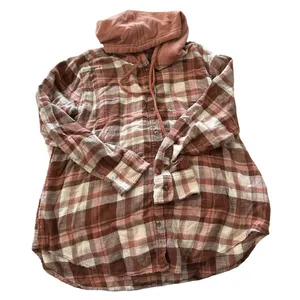 American Eagle women's size small pink and cream plaid flannel with hood thumbnail 1