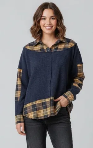 Oli & Hali Grunge Oversized Indie Sleeze Plaid Patchwork Thermal Blouse small thumbnail 1