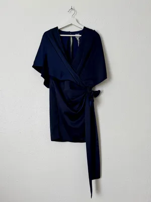 ASOS Navy Satin Wrap Mini Dress Size US 8 Tie Waist Open Back thumbnail 7