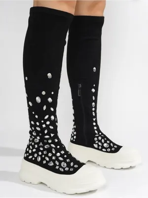 Cape Robbin Black Knee-High Platform Boots with White Soles and Silver Studs thumbnail 1