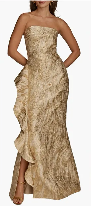 NEW Donna Karan New York Metallic Ruffle Detail Strapless Gold Gown sz 2 thumbnail 1