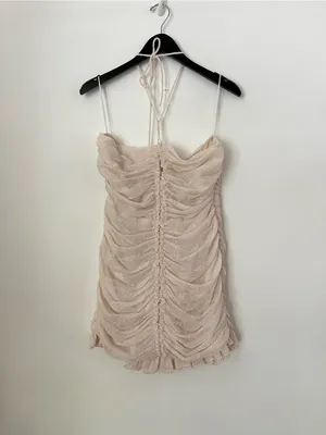Miou muse ruched ruffle halter neck mini dress off white cream textured coquette thumbnail 3