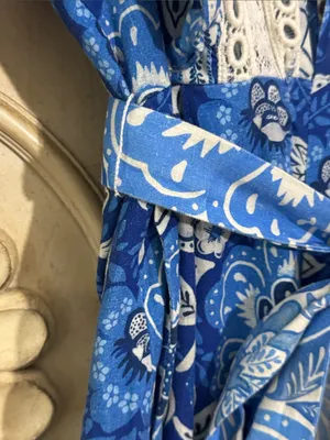 FARM Rio Full of Flowers Blue Floral Lace Jumpsuit Small Flaw Vacay Boho S-S thumbnail 8