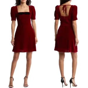 Wayf XS Velvet Puff Sleeve Mini Dress Red Bow Holiday‎ Party Romantic Valentines thumbnail 2