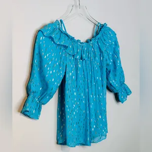 Lilly Pulitzer CeeCee Turquoise Oasis Metallic Off-Shoulder Blouse Shirt Top thumbnail 7