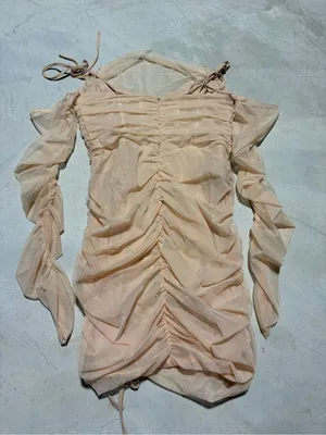 Oh Polly NWT Women's Ruched Tie-Strap Mesh Dress sand 8 thumbnail 10